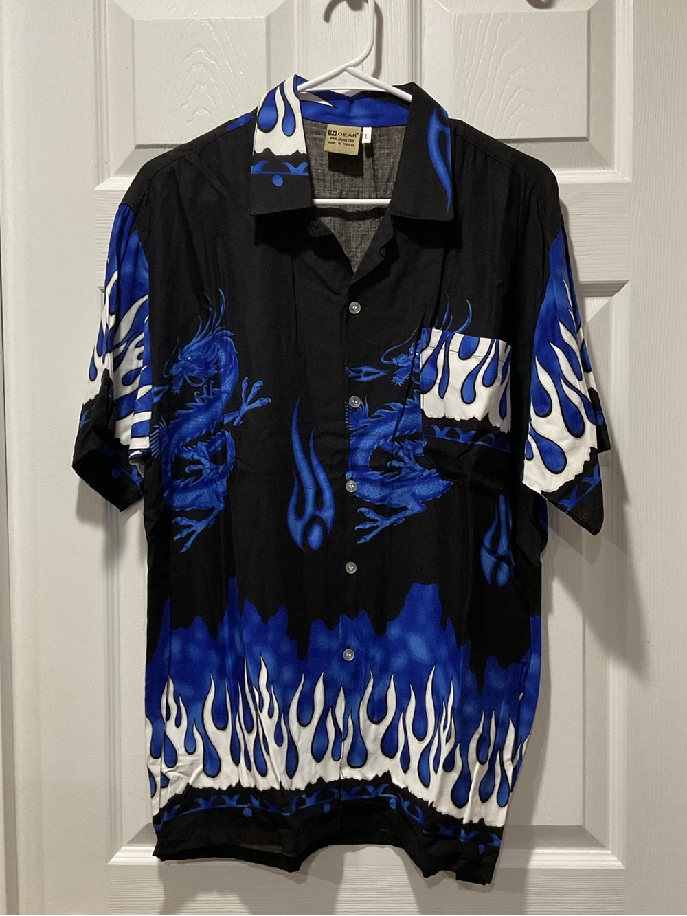 Ingear Black Shirt with Blue and White Dragon Flame Print - Casual Button-Down